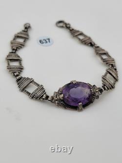 Rare Antique Victorian Czech Purple Glass Sterling Silver Bracelet 7 1/8 In