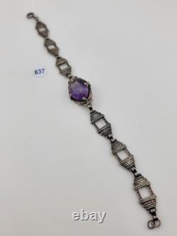Rare Antique Victorian Czech Purple Glass Sterling Silver Bracelet 7 1/8 In