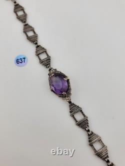 Rare Antique Victorian Czech Purple Glass Sterling Silver Bracelet 7 1/8 In