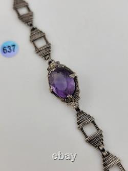 Rare Antique Victorian Czech Purple Glass Sterling Silver Bracelet 7 1/8 In
