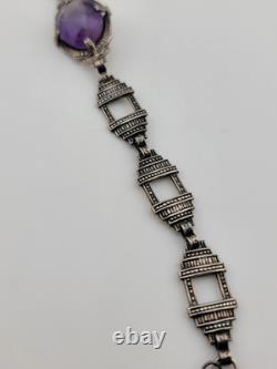 Rare Antique Victorian Czech Purple Glass Sterling Silver Bracelet 7 1/8 In