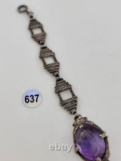 Rare Antique Victorian Czech Purple Glass Sterling Silver Bracelet 7 1/8 In