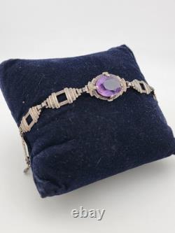 Rare Antique Victorian Czech Purple Glass Sterling Silver Bracelet 7 1/8 In