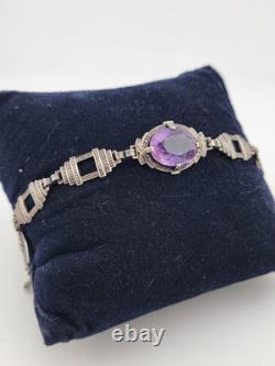 Rare Antique Victorian Czech Purple Glass Sterling Silver Bracelet 7 1/8 In