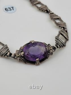 Rare Antique Victorian Czech Purple Glass Sterling Silver Bracelet 7 1/8 In