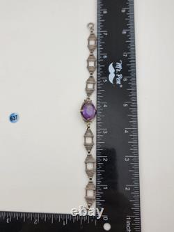 Rare Antique Victorian Czech Purple Glass Sterling Silver Bracelet 7 1/8 In