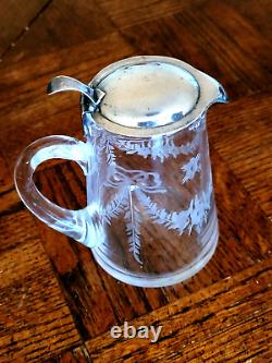 Rare! Edwardian Hawkes Co. Etched glass & sterling silver syrup pitcher/creamer