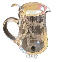 Rare! Edwardian Hawkes Co. Etched glass & sterling silver syrup pitcher/creamer