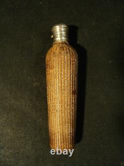 Rare French Antique Glass Perfume / Scent Bottle, Rattan Cover & Sterling Top