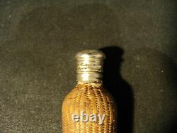 Rare French Antique Glass Perfume / Scent Bottle, Rattan Cover & Sterling Top