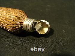 Rare French Antique Glass Perfume / Scent Bottle, Rattan Cover & Sterling Top