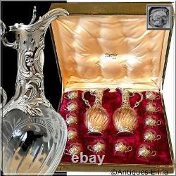 Rare French Sterling Silver 18k Gold Liquor Set, Decanter Pair, Glasses, Box