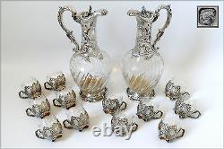 Rare French Sterling Silver 18k Gold Liquor Set, Decanter Pair, Glasses, Box