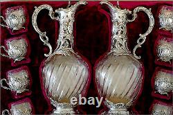 Rare French Sterling Silver 18k Gold Liquor Set, Decanter Pair, Glasses, Box