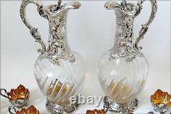 Rare French Sterling Silver 18k Gold Liquor Set, Decanter Pair, Glasses, Box