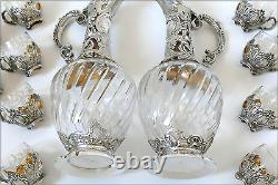 Rare French Sterling Silver 18k Gold Liquor Set, Decanter Pair, Glasses, Box