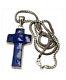 Rare Large Vintage Deep Blue Murano Glass Sterling Silver Bezel Cross Necklace
