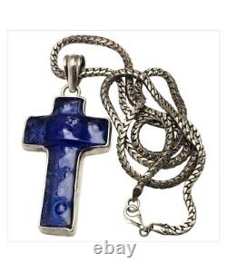 Rare Large Vintage Deep Blue Murano Glass Sterling Silver Bezel Cross Necklace