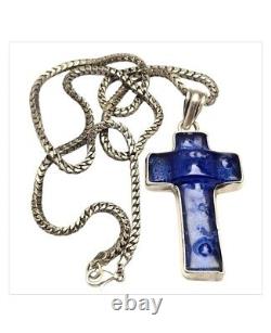Rare Large Vintage Deep Blue Murano Glass Sterling Silver Bezel Cross Necklace