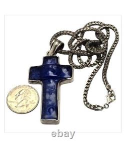 Rare Large Vintage Deep Blue Murano Glass Sterling Silver Bezel Cross Necklace