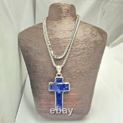 Rare Large Vintage Deep Blue Murano Glass Sterling Silver Bezel Cross Necklace