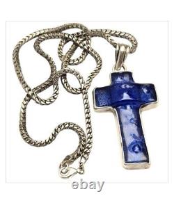 Rare Large Vintage Deep Blue Murano Glass Sterling Silver Bezel Cross Necklace