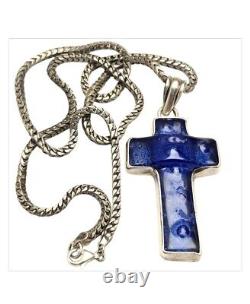 Rare Large Vintage Deep Blue Murano Glass Sterling Silver Bezel Cross Necklace