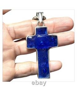 Rare Large Vintage Deep Blue Murano Glass Sterling Silver Bezel Cross Necklace
