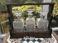 Rare OAK TANTALUS TRIPLE CUT GLASS DECANTERS STERLING SILVER COLLARS LONDON VGC