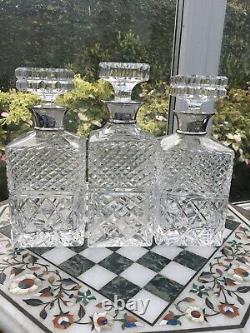 Rare OAK TANTALUS TRIPLE CUT GLASS DECANTERS STERLING SILVER COLLARS LONDON VGC