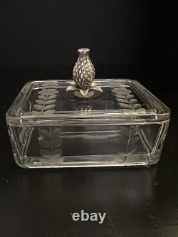 Rare Sterling Candy Dish Trinket Keepsake Box Silver Pineapple Knob Etched Glass