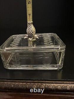 Rare Sterling Candy Dish Trinket Keepsake Box Silver Pineapple Knob Etched Glass