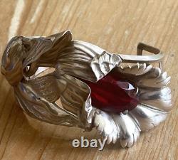 Rare Sterling Silver 1940's Art Deco Lily Bracelet Cuff Red Glass Crystal Stone