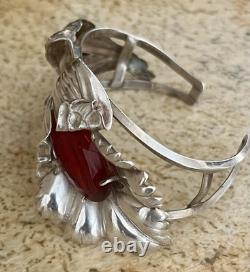 Rare Sterling Silver 1940's Art Deco Lily Bracelet Cuff Red Glass Crystal Stone