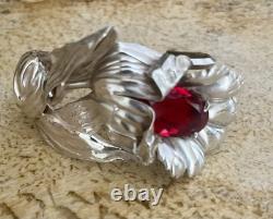Rare Sterling Silver 1940's Art Deco Lily Bracelet Cuff Red Glass Crystal Stone