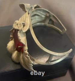 Rare Sterling Silver 1940's Art Deco Lily Bracelet Cuff Red Glass Crystal Stone