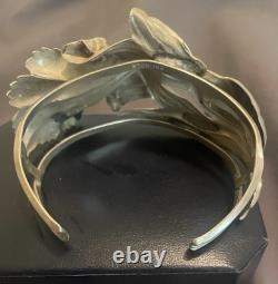Rare Sterling Silver 1940's Art Deco Lily Bracelet Cuff Red Glass Crystal Stone