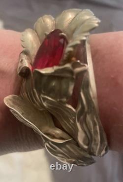 Rare Sterling Silver 1940's Art Deco Lily Bracelet Cuff Red Glass Crystal Stone