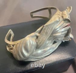 Rare Sterling Silver 1940's Art Deco Lily Bracelet Cuff Red Glass Crystal Stone