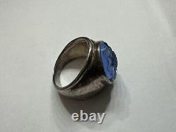 Rare Vintage Lalique Carved Blue Crystal Glass Flower Sterling Silver Ring