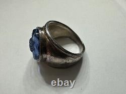 Rare Vintage Lalique Carved Blue Crystal Glass Flower Sterling Silver Ring