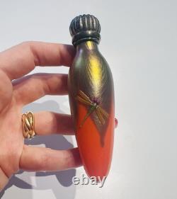 Rare Vintage Sterling Silver Orange Gold Glass Dragonfly Perfume Bottle