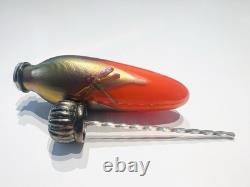 Rare Vintage Sterling Silver Orange Gold Glass Dragonfly Perfume Bottle
