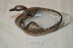 Rare Vintage Sterling Silver and Glass Swan Dish Hallmarked 6 Inches Tall