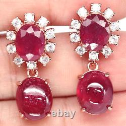 Red Heated-Ruby & White Cambodia-Zircon Drop Earrings 925 Sterling Silver