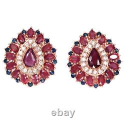 Red Heated-Ruby, Zircon & Sapphire Earrings 925 Sterling Silver