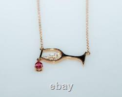 Red Wine Glass Pendant 0.25Ct Round Diamond & Ruby 14k Rose Gold Over with Chain