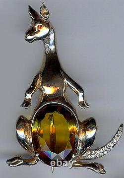 Reja Vintage Gold Wash Sterling Rhinestone Faceted Golden Glass Kangaroo Pin