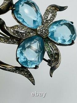 Reja Vintage Sterling Silver Rhinestone & Blue Glass Flower Brooch Pin