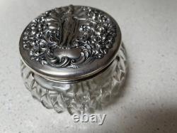 Repousse Sterling Silver Lidded Cut Glass Vanity Jar